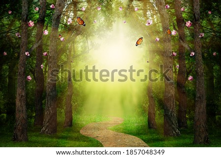 Fantasy world. Magic forest with beautiful butterflies and sunlit way between trees Royalty-Free Stock Photo #1857048349