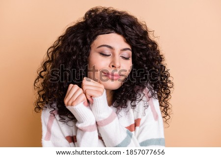 Photo of young attractive charming hispanic woman happy positive dream dreamy enjoy comfort isolated over beige color background
