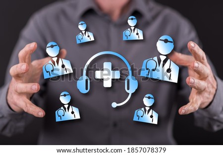 Online medical support concept between hands of a man in background