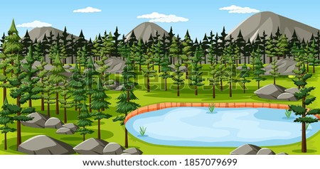 Nature park with lake landscape scene illustration