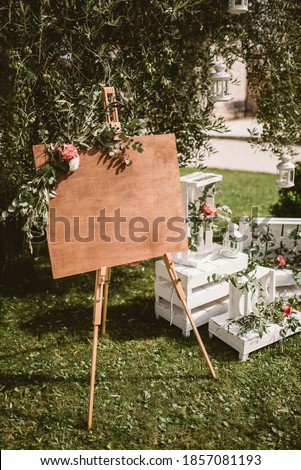 Welcome board by the olive tree. Wedding day