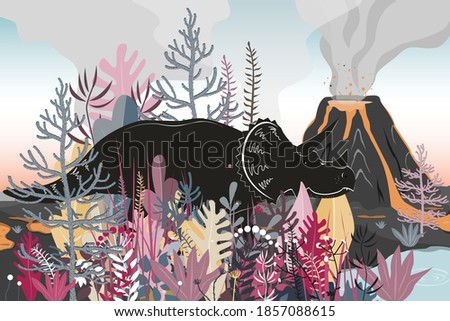 Triceratops dinosaurs walk through a forested area to the lake. Volcano landscape background. Vector illustration.