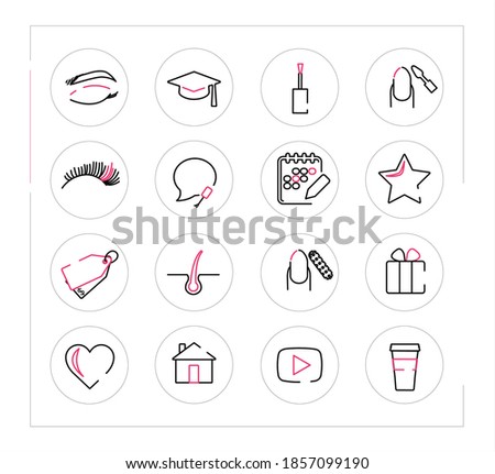 Set of icons for nail Studio and beauty salon. Vector icons for eyelash extensions, eyebrow correction, hair removal, manicure, pedicure. Trendy stylish icons in black and pink. icons for the website