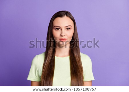 Photo of gorgeous person look camera content smile wear light green outfit isolated on violet color background