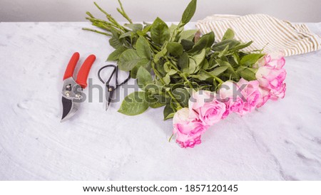 Step by step. Florist arranging a bouquet from pink roses.