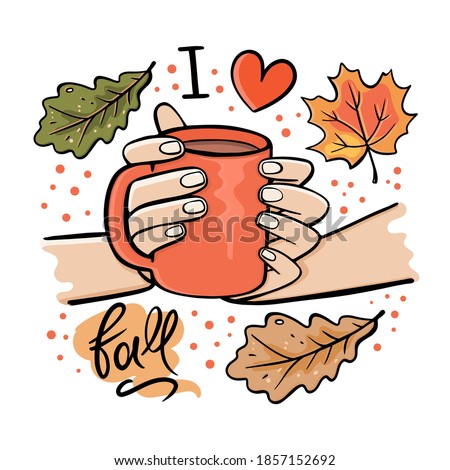 GIRL HOLDING MUG OF HOT CHOCOLATE In Her Hands Autumn Fall Garden Nature Hand Drawn Cartoon Clip Art Vector Illustration Set For Print