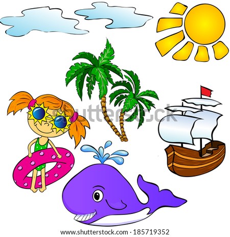 Summer tropical set: palms, ship, whale and girl. Vector illustration
