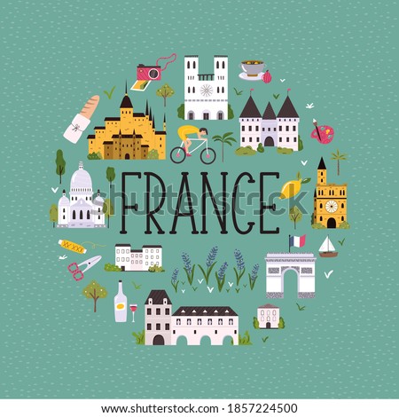 Abstract circle design with landmarks and symbols of France. Design, banner for travel guides, prints, souvenirs