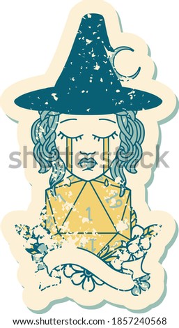 Retro Tattoo Style human witch with natural one D20 roll