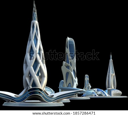 Futuristic buildings for a city skyline with organic architectural design, for science fiction backgrounds. The clipping path is included in the 3D illustration.