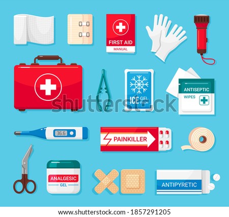 First aid kit flat icons set. Bandage, adhesive plaster, painkiller, antipyretic pills, clinic thermometer, ice gel pack. Vector medical supplies cartoon collection illustration isolated on blue. Royalty-Free Stock Photo #1857291205