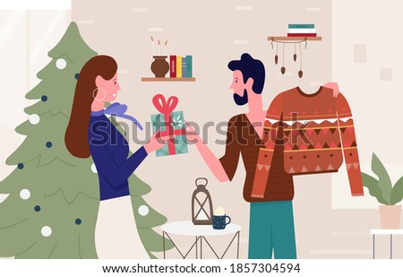 Happy family people give Christmas gifts vector illustration. Cartoon man woman couple characters giving xmas present gift in box and warm sweater, standing next to Christmas tree at home background