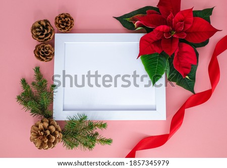 Frame and christmas decoration on a pink background.
