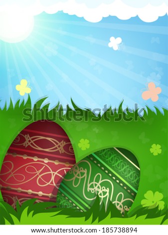 Red and green painted Easter eggs with abstract pattern  in the meadow