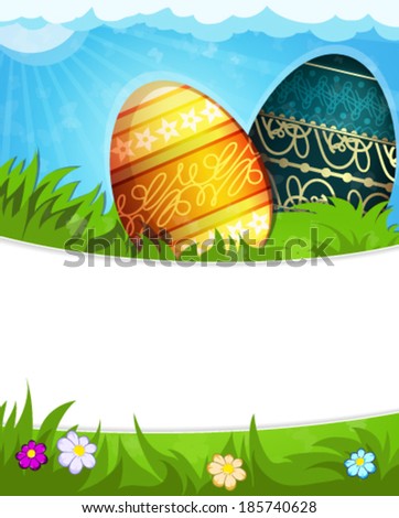 Colorful painted Easter eggs with abstract pattern  in the meadow. Abstract Easter background