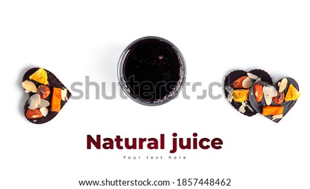 Cherry juice and raw chocolate sweets with nuts and fruits. Long header banner format. Panorama website header banner. High quality photo