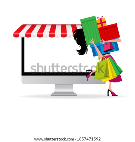 Vector illustration of monitor with tent and girl with bags on her hand and a bunch of gifts.
Vector illustration isolated on white background. EPS 10 Online store concept. Eps flat horizontal image.