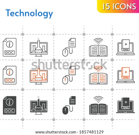 technology icon set. included chemistry, learn, book, doc, click icons on white background. linear, bicolor, filled styles.