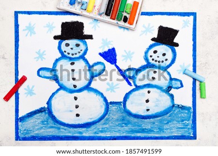 Colorful drawing: Happy snowmans and snowflakes. Winter time