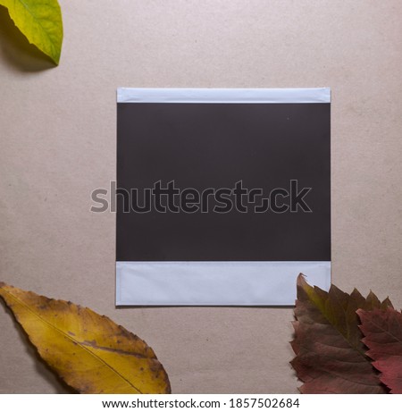 Retro empty photo frames with dried autumn leaves on brown background in rustic style. template for graphic design. Photo cards with space for your logo or text.  Royalty-Free Stock Photo #1857502684