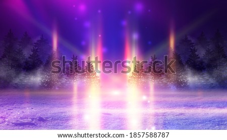 Dark abstract background. Winter night forest landscape. Silhouettes of fir trees, lit with neon glow, snowdrifts, snowflakes. 3d illustration