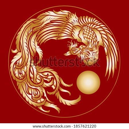Beautiful line art of Phoenix for circle design on background.Phoenix vector for printing on shirt.Pheonix vector illustration for doodle art and coloring book on white isolated background.Rebirth.