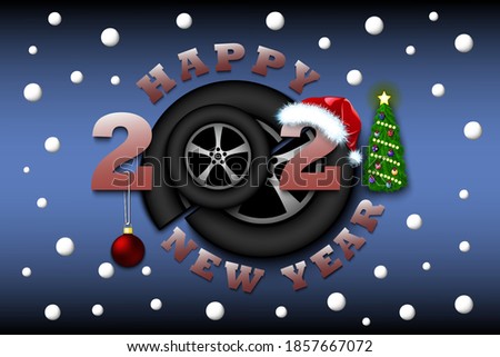 Happy new year 2021 and car wheel with Christmas ball and hat. Creative design pattern for greeting card, banner, poster, flyer, party invitation, calendar. Vector illustration