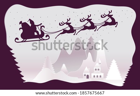 Christmas card paper craft concept, Santa claus and reindeer on abstract background with snow, Christmas tree, design for web banner, poster, Christmas invitation card and new year festival.