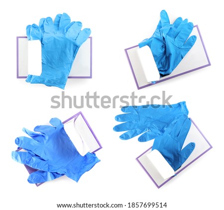 Set of boxes with medical gloves on white background, top view