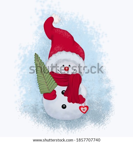 Cute snowman in a cap and scarf with a Christmas tree in his hands