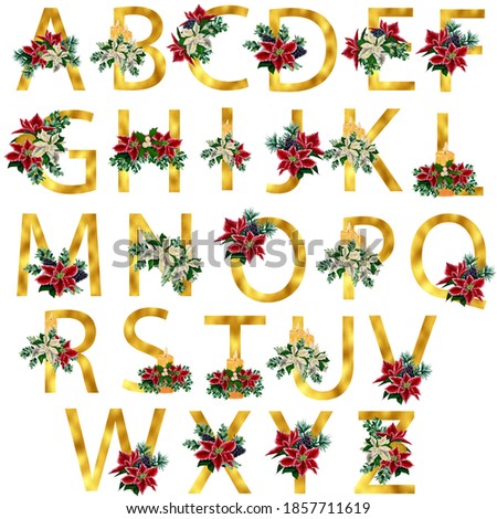 Gold Watercolor poinsettia alphabet, perfect to use on the web or in print