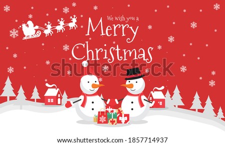 We Wish You a Merry Christmas vector Illustration on red color background.  include Snow man wearing Hat and glove, santa, deer, tree etc. good for banner, card, book, gift, and happiness.