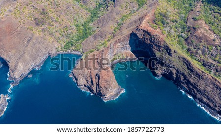 magnificent aerial view of the north west coast of the island of UA HUKA in the Marquesas archipelago in French Polynesia