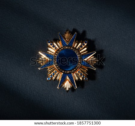 Jewelry on a dark background, yellow metal medal with blue details Royalty-Free Stock Photo #1857751300