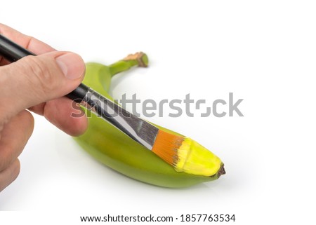 Green banana is painting on yellow. Everything needs time concept. Don't rush