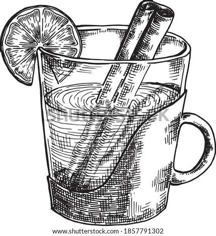 Hand drawn black and white crosshatch vector illustration of a cup of rum toddy, with a lemon slice on the side and a cinnamon stick submerged. No background. Royalty-Free Stock Photo #1857791302