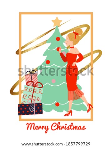 Pretty woman decorating Christmas tree greeting card template. Flat vector illustration.