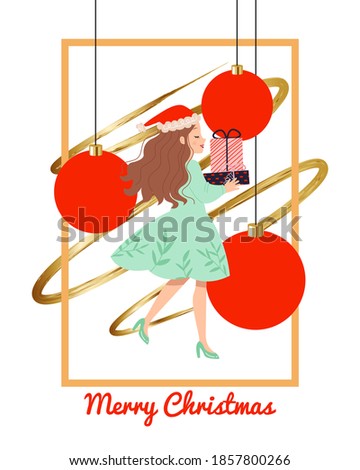 Pretty trendy woman in dress and santa hat holding pile of Gift. Christmas greeting card template. Flat vector design.