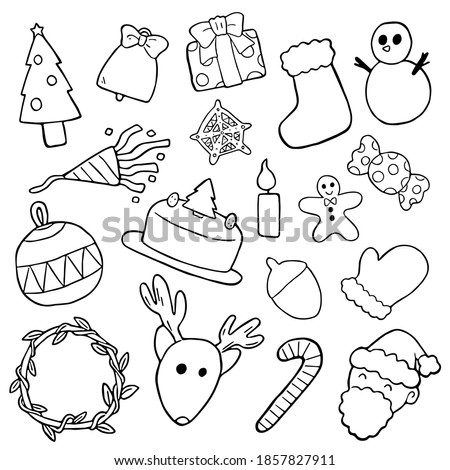 Christmas element collection. Such as fir-tree, candy cane, bell, gift, sock, candle, ball, snowman, glove, oak, cake, taffy, cookie, reindeer, wreath, cone fireworks. Doodle vector illustration.