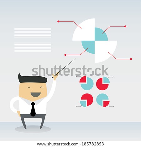 Happy businessman proudly present growing business statistics and profit. Business concept. Vector illustration.