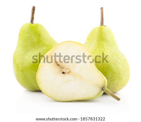 Fresh pears, one and a half yellow fruit isolated on white background Royalty-Free Stock Photo #1857831322