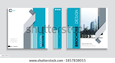 Business cover design, construction. Abstract brochure template. City. Title page set. Blue geometric design, square, booklet, layout. Strips, ribbon, logo, icon. Annual report, title. Ad text, font

