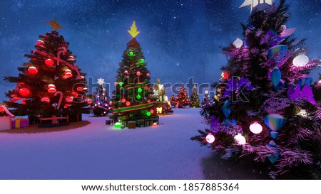 Postcard for December and January. Christmas trees with glowing balls and gifts in winter at night with starry sky and milky way.
background for games, decorations and decor cards.