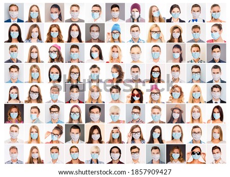 Collage of diverse multi ethnic young youth people wearing safety mask stay home influenza preventive measures small pics