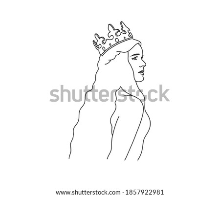 Hand drawn vector abstract stock flat graphic illustration with logo elements ,female in golden crown sacred line art icon in simple style for branding ,isolated on white background