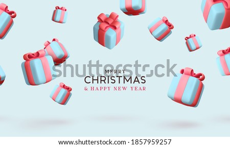 Merry Christmas and Happy New Year. Background with realistic festive gifts box. Xmas present. Blue boxes fall effect. Holiday gift surprise banner, web poster, flyer, stylish brochure, greeting card Royalty-Free Stock Photo #1857959257