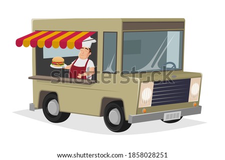 food truck cartoon illustration with happy chef serving a burger