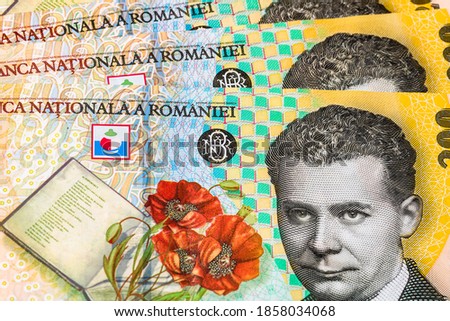 Selective focus on detail of lei banknotes. Close up macro detail of romanian lei banknotes, 200 lei isolated. World money concept, inflation and economy concept