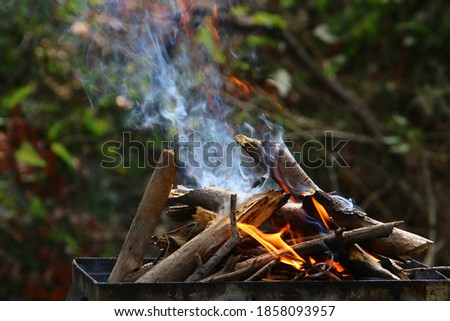 firewood burns with a bright flame in an iron grill after setting fire to barbecue