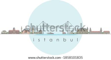 Architectural landmarks of İstanbul city in flat line style.